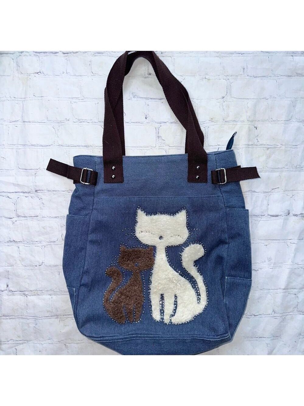 EUC Canvas Tote Bag Cat Motif Gemstones